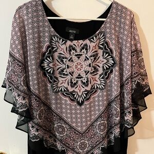 Alyx 1X Women's Pink and Black Geometric poncho top with cap sleeve